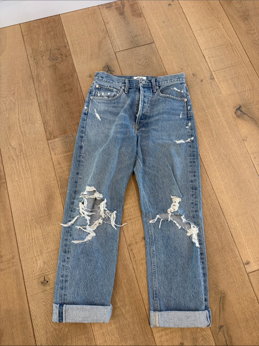Agolde Medium Blue Distressed Rolled Cuff Boyfriend Jeans